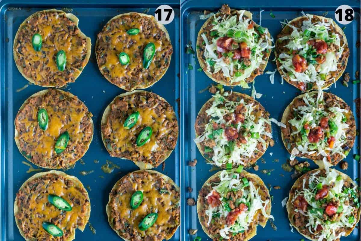 2 image collage showing how to top the tostadas