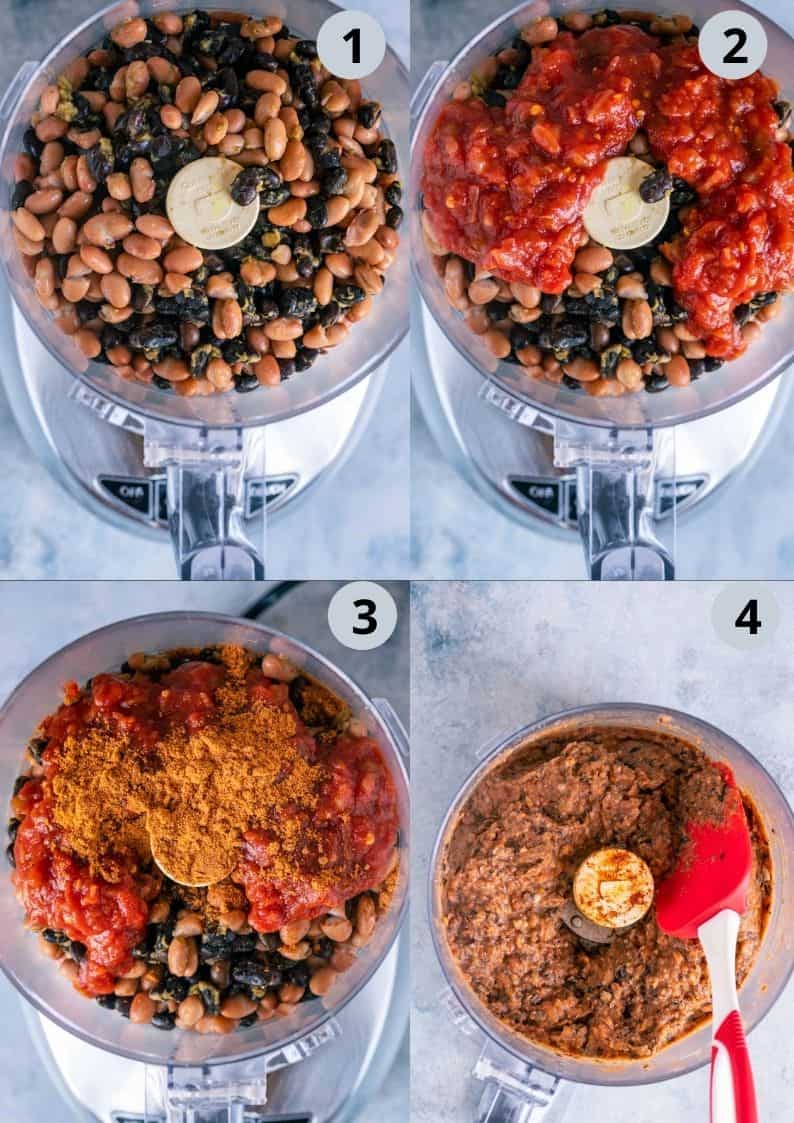 4 image collage showing how to prepare the beans mixture for the tostadas