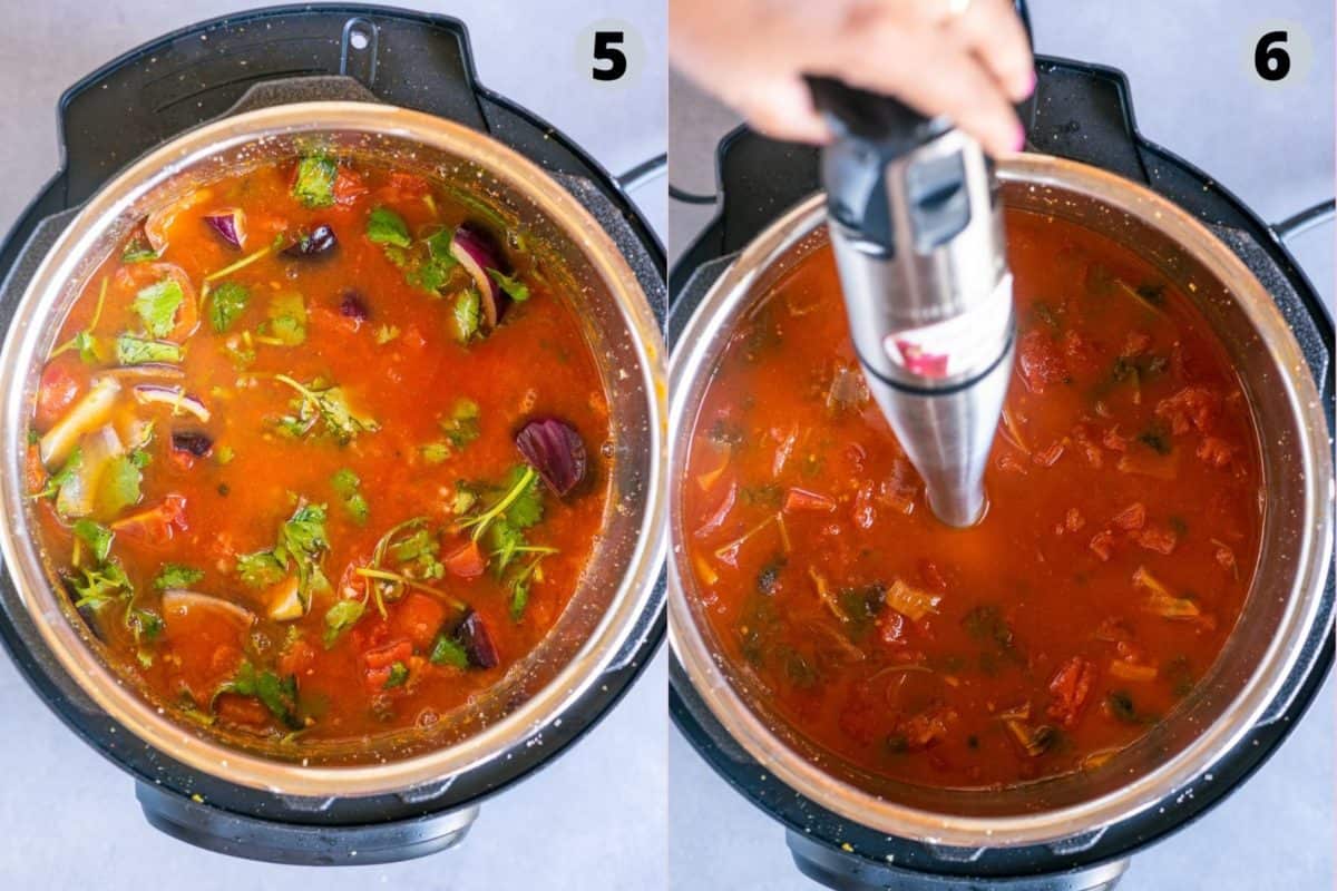 2 image collage showing the steps to make Instant Pot Vegan Tomato Soup