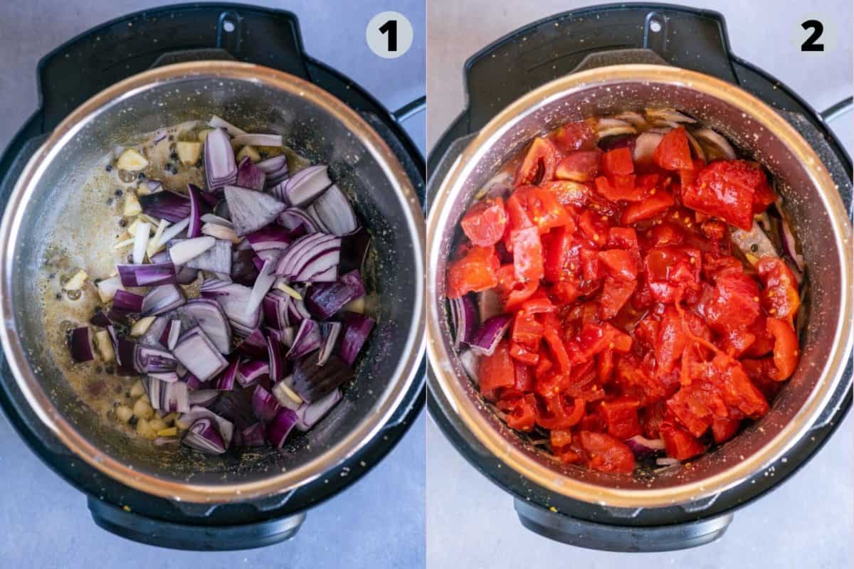2 image collage showing how to make Instant Pot Vegan Tomato Soup