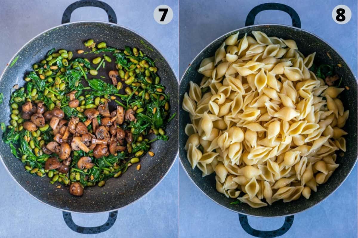 2 image collage showing how to make Vegan Mushroom Spinach Pasta Salad