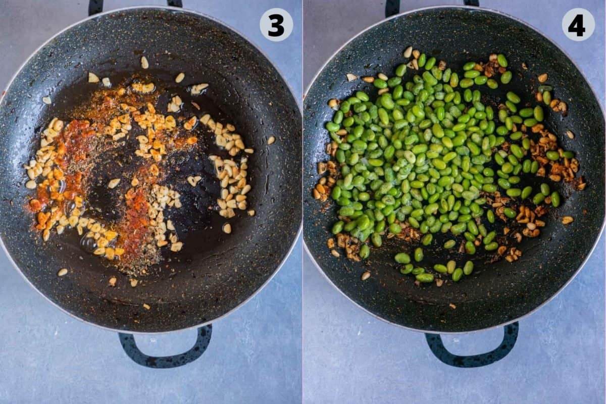 2 image collage showing the steps to make Vegan Mushroom Spinach Pasta Salad