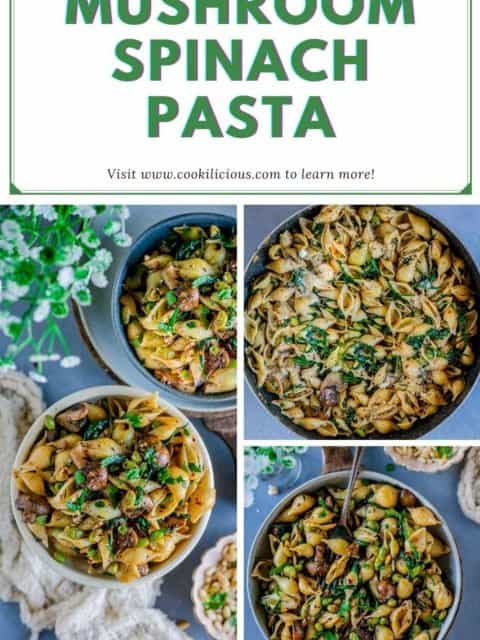 3 image collage of Vegan Mushroom Spinach Pasta Salad with text at the top