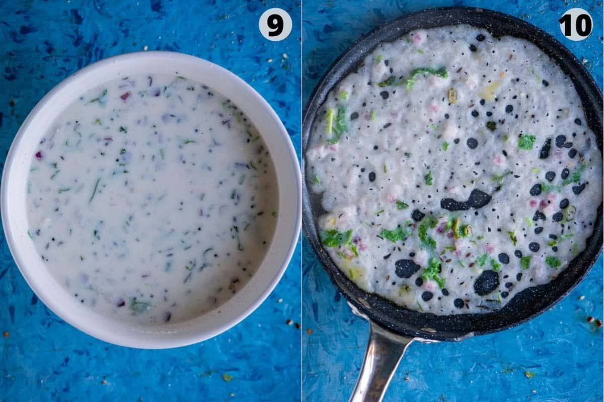 2 image collage showing how to make Onion Rava Dosa in a skillet