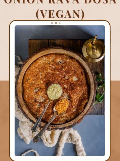Onion Rava Dosa served in a plate with 2 spoons of chutney over it and text at the top and bottom