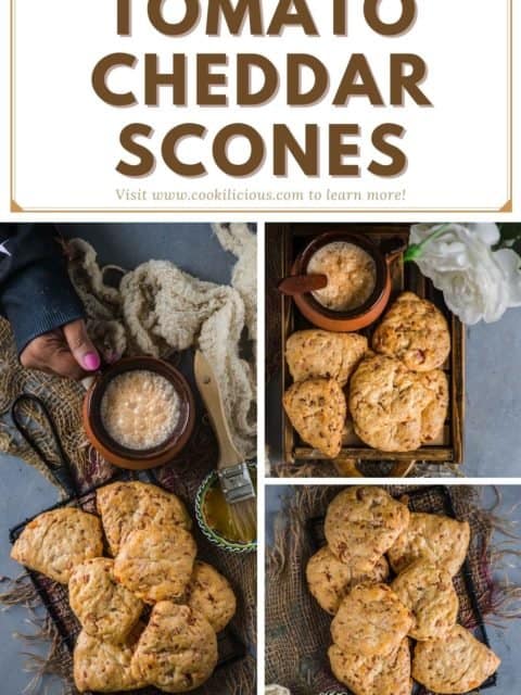 3 image collage of Tomato Cheddar Scones with text at the top
