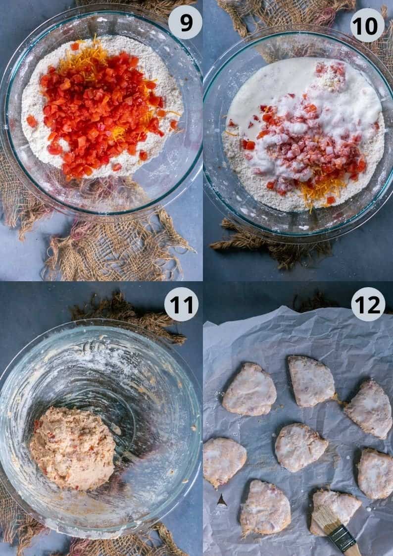4 image showing the steps to make Tomato Cheddar Scones