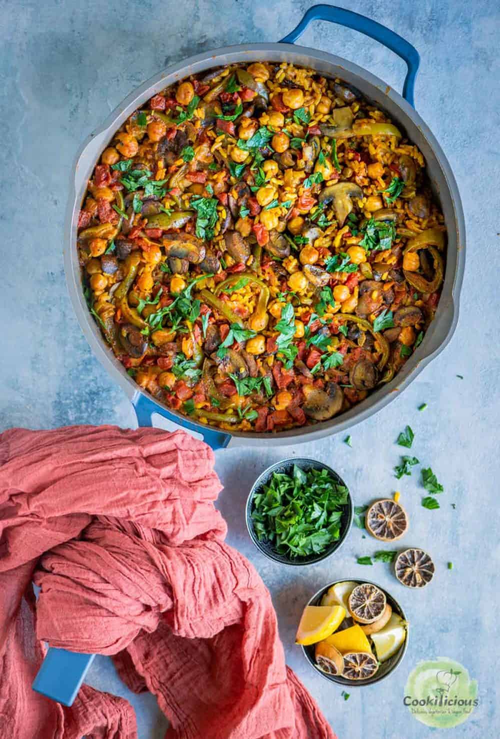 Vegan Paella served in a pan