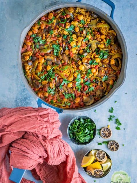Vegan Paella served in a pan