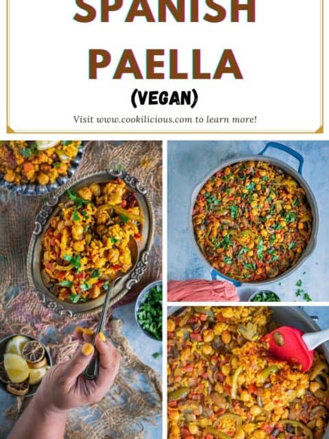 3 image collage of Vegan Paella with text at the top