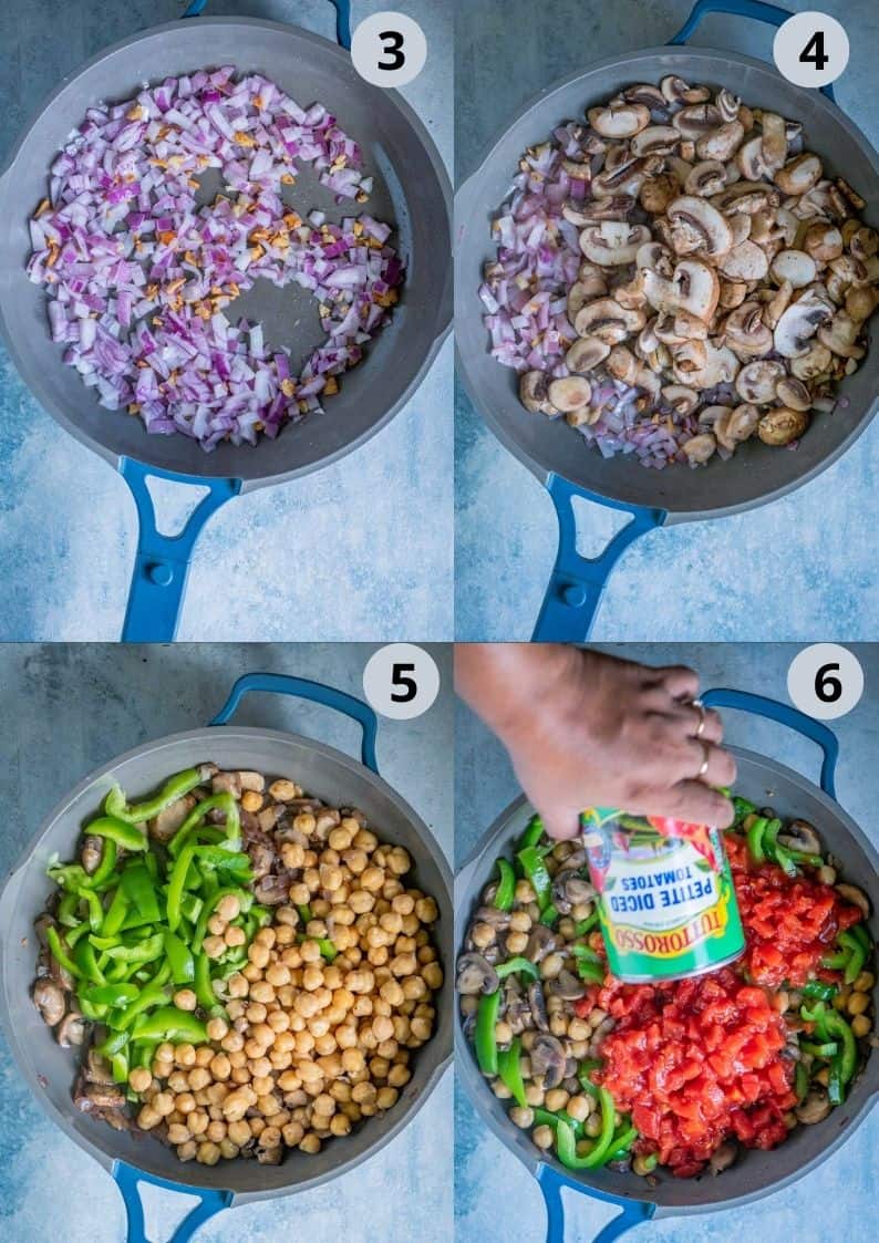 4 image collage showing how to make Vegan Paella Recipe on the stovetop