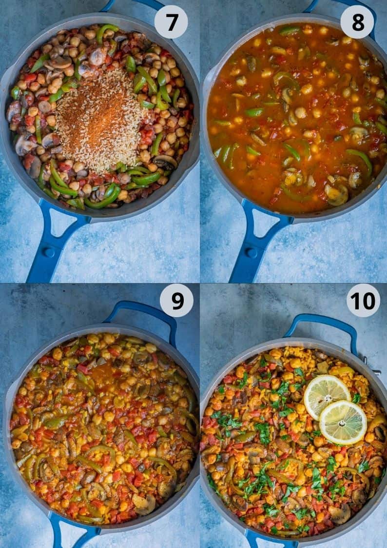 4 image collage showing the steps to make Vegan Paella Recipe