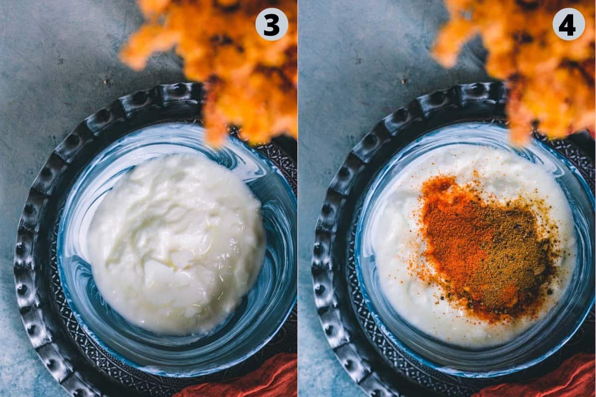 2 image collage showing how to make Beetroot Raita.