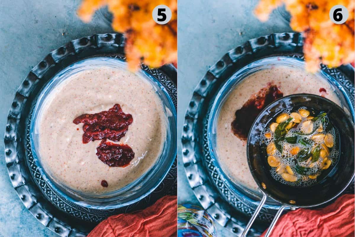 2 image collage showing the steps to make the tempering for Vegan Beetroot Pachadi.