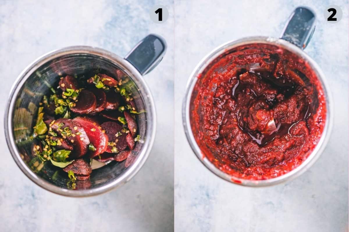 2 image collage showing how to make the beetroot puree for Vegan Beetroot Peanuts Raita