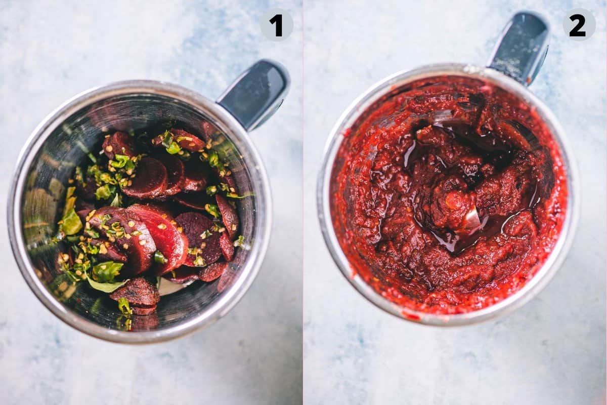 2 image collage showing how to make the beetroot puree for Beetroot Raita with peanuts tadka.