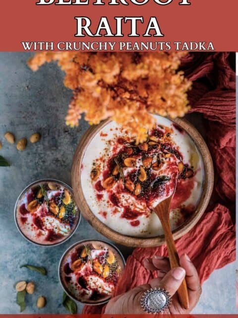 a hand digging into a bowl of Vegan Beetroot Peanuts Raita with a spoon and text at the top and bottom.