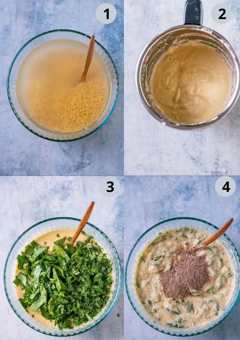 4 image collage showing the steps to make Moong Dal Chilla batter
