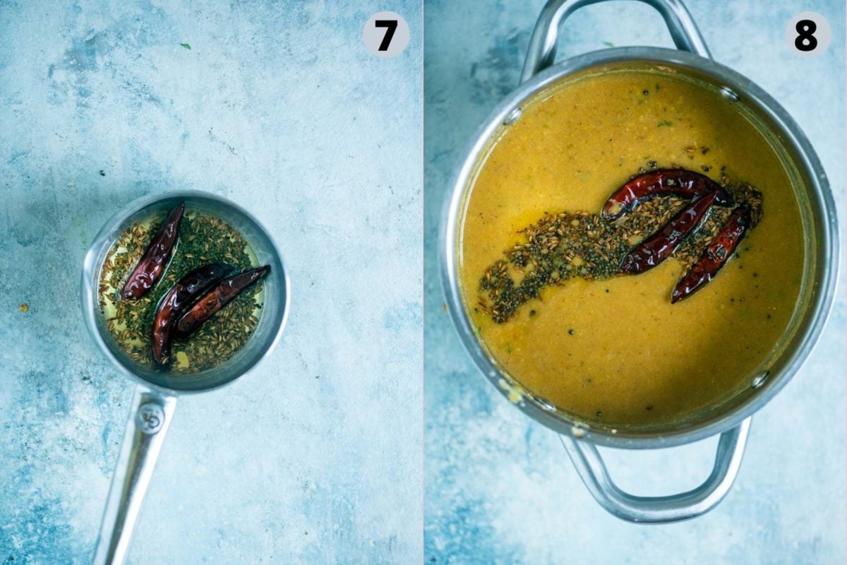 2 image collage showing how to make the tadka for Paruppu rasam