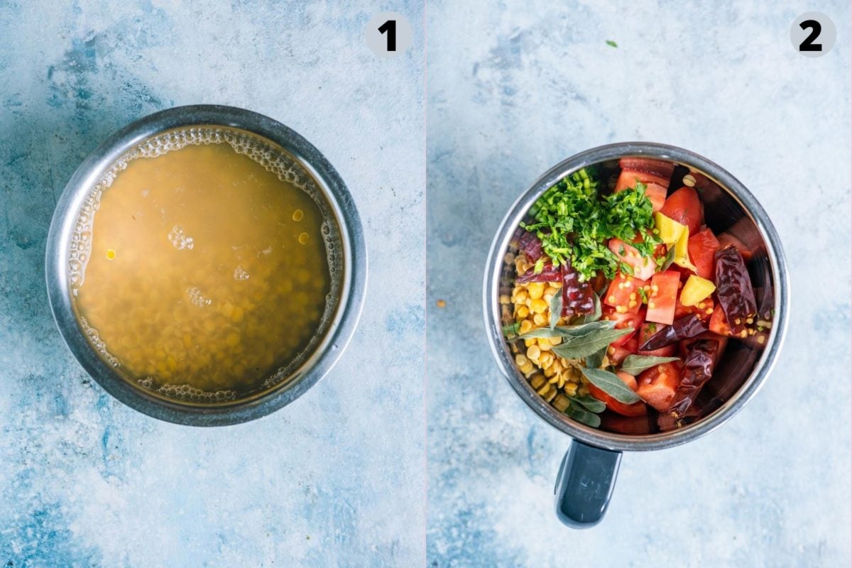 2 image collage showing what prep is required to make Paruppu rasam