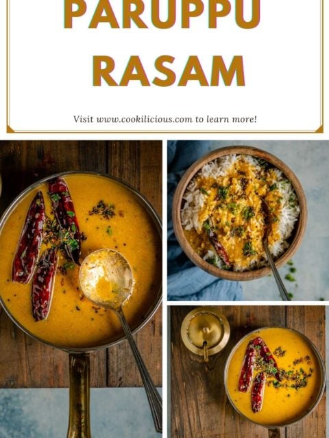 3 image collage of Paruppu rasam with text at the top