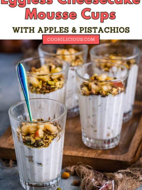 one Apple Cheesecake Mousse jar with a spoon in it and 4 more jars behind it and text at the top.