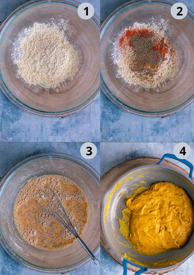 4 image collage showing how to make the dough for Fried Besan Potato Squares
