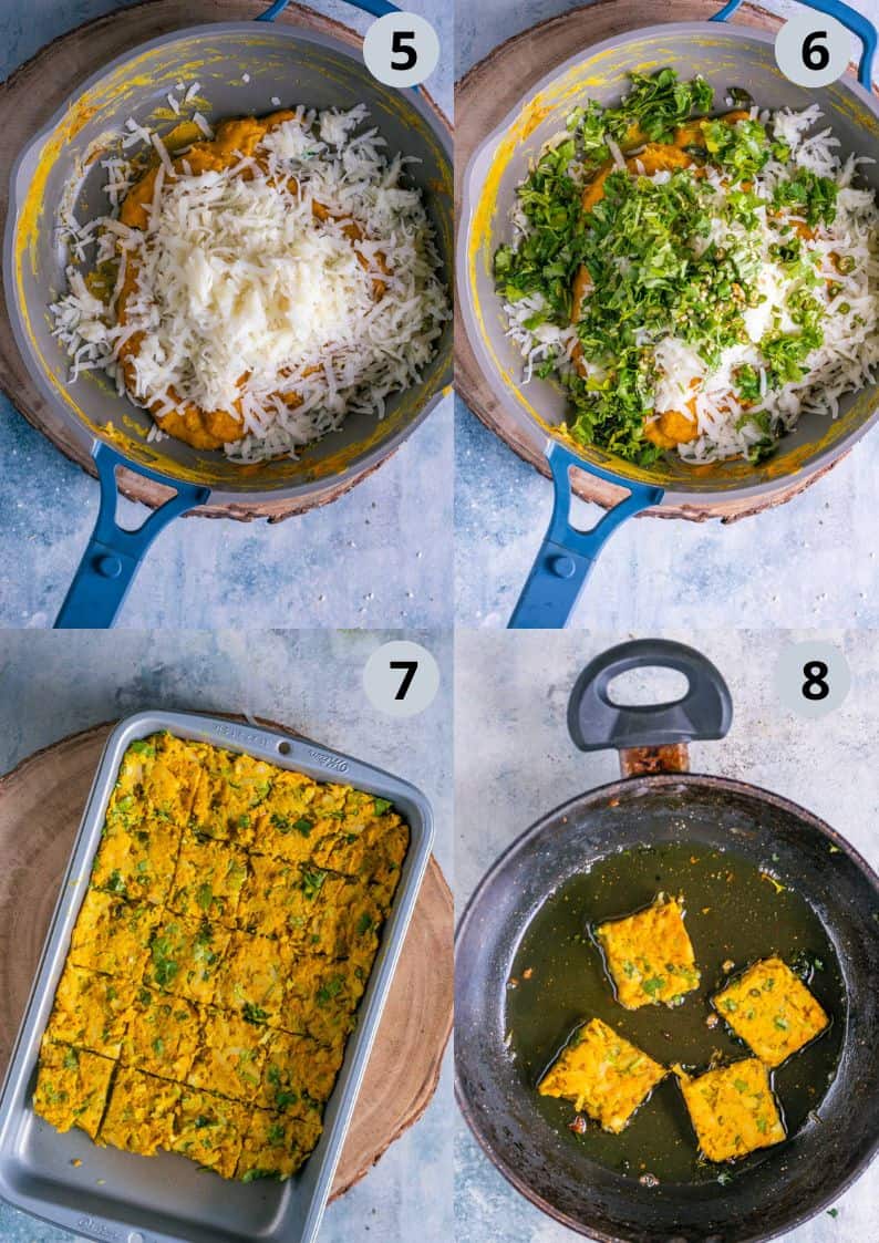 4 image collage showing how to make Fried Besan Potato Squares