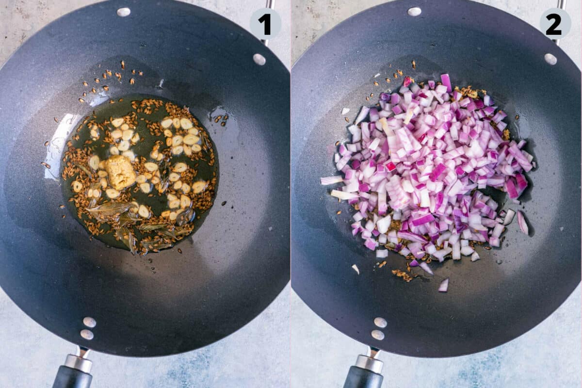 2 image collage showing how to prepare the tempering for capsicum rice