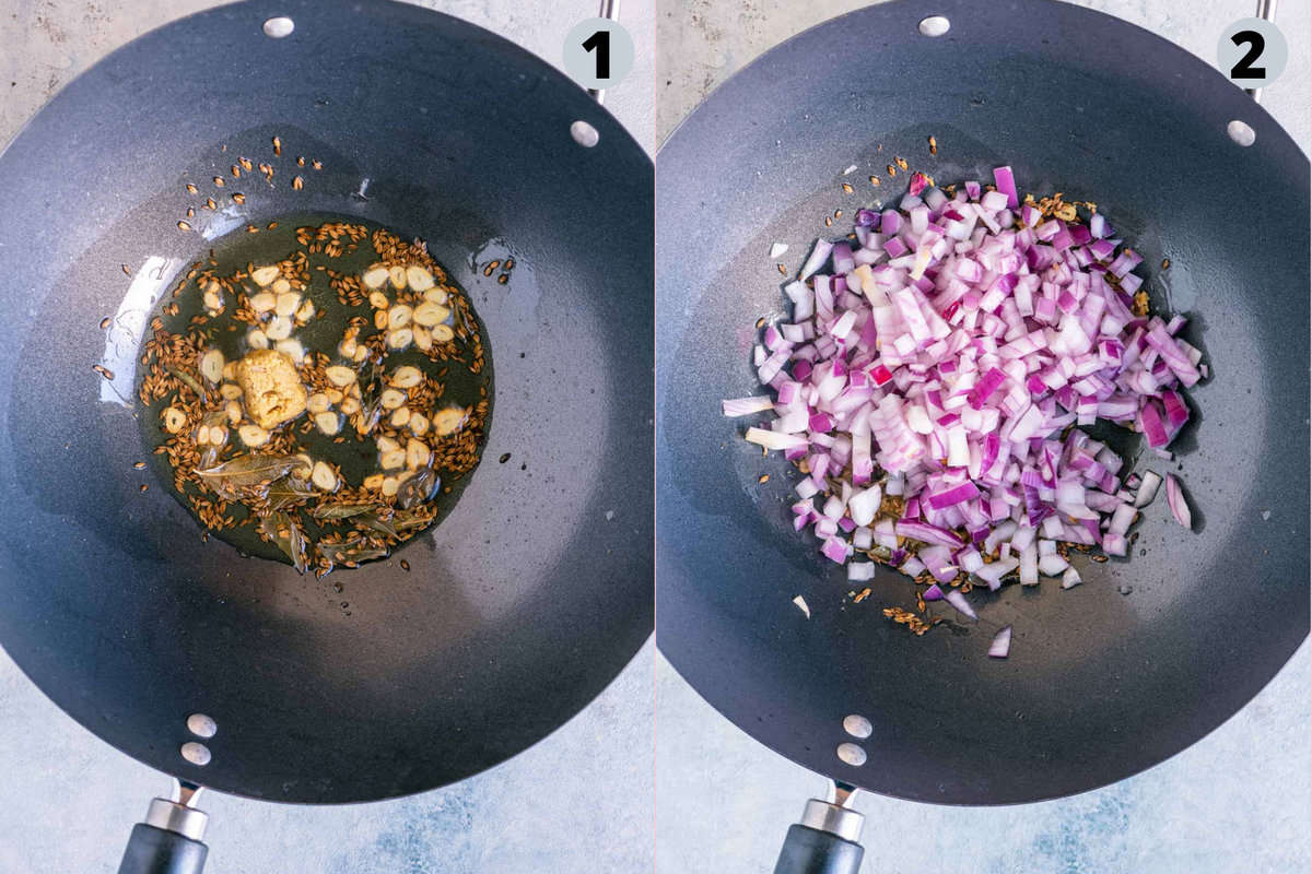 2 image collage showing how to prepare the tempering for capsicum rice.
