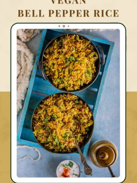 Bell Pepper Fried Rice | Capsicum Rice served in 2 bowls that are placed in a blue tray and text at the top and bottom