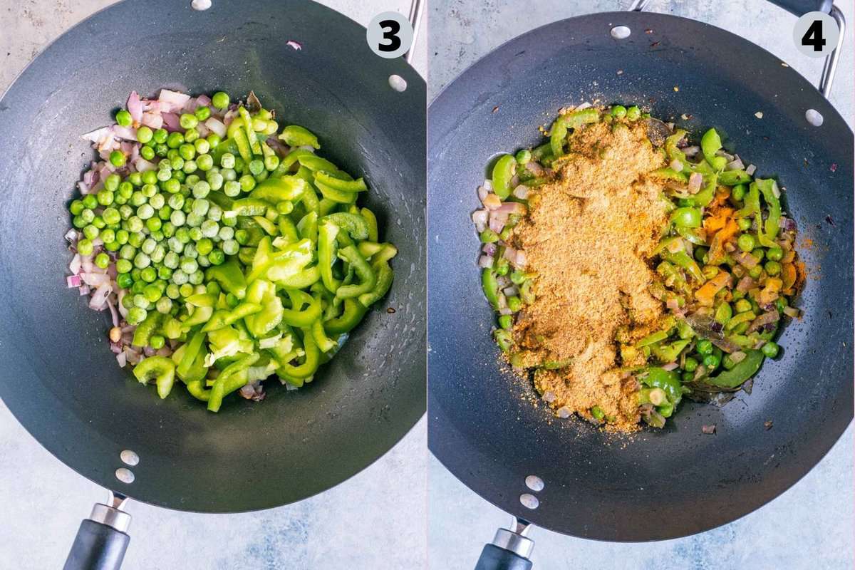 2 image collage showing how to make Bell Pepper Fried Rice in a pan.