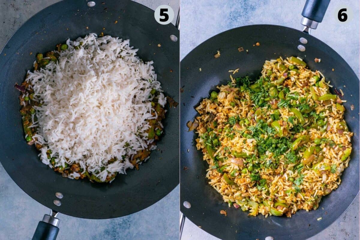 2 image collage showing the steps to make Bell Pepper Fried Rice | Capsicum Rice