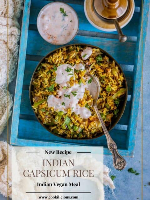 Bell Pepper Fried Rice served in a bowl with raita on top and text at the bottom left