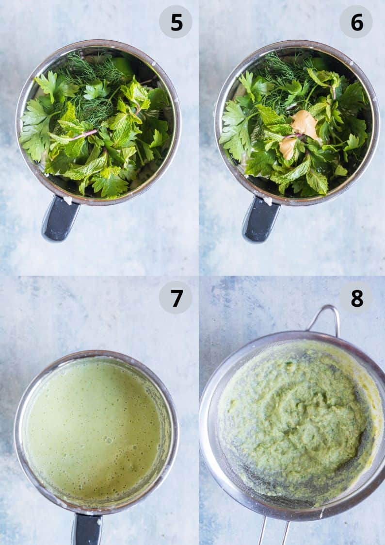 4 image collage showing how to make Cucumber Gazpacho