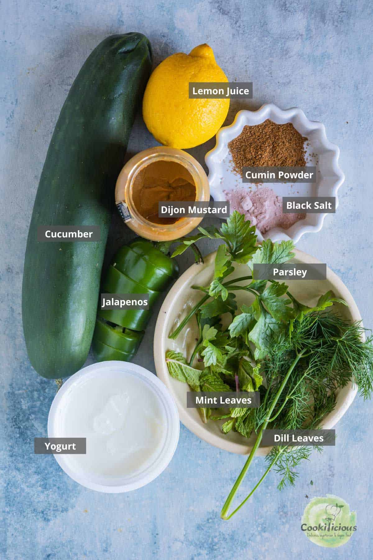 all ingredients needed to make cold cucumber soup placed on a table with labels on them