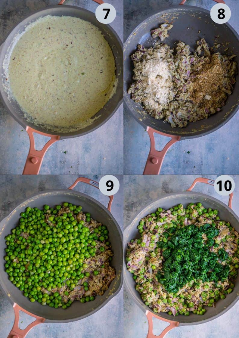 4 image collage showing how to make Lasooni Matar Palak