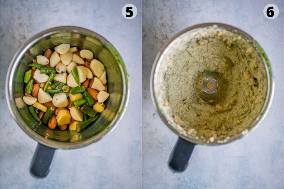 2 image collage showing how to make the masala for Lasooni Matar Palak