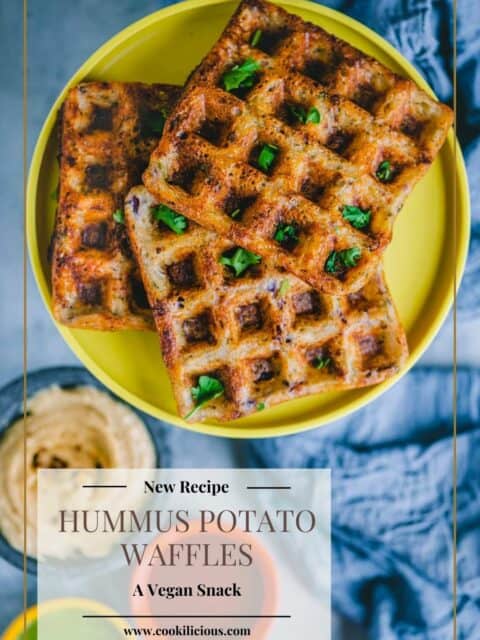 Potato Hummus Waffles served in a plate and text at the bottom left