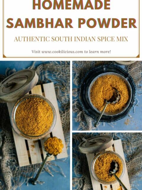 3 image collage of Sambhar Powder with text at the top