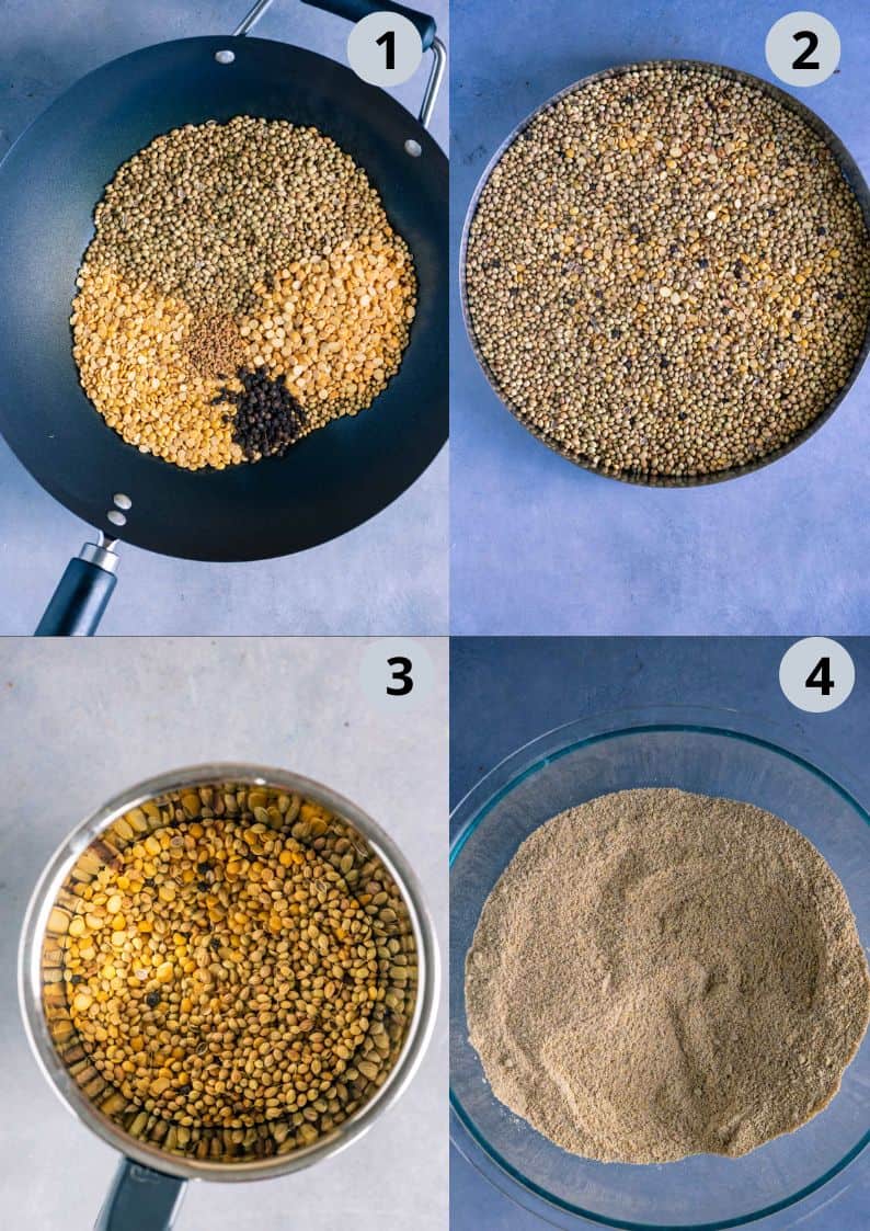 4 image collage showing how to roast and grind the lentils for Sambhar Powder Recipe