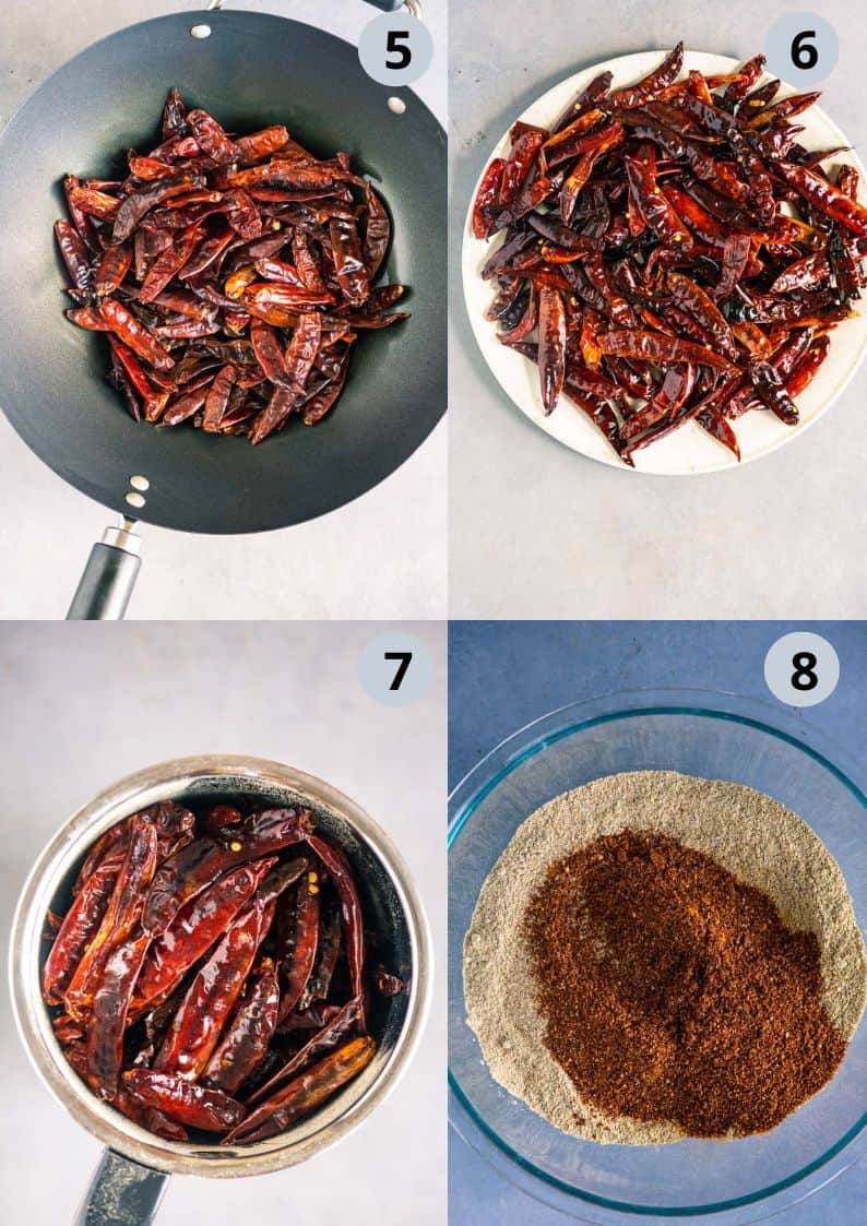 4 image collage showing how to roast and grind the dried red chillies for Sambhar Powder Recipe