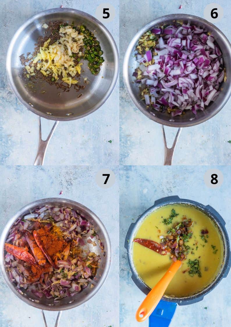4 image collage showing how to prepare the tempering for Sultani Dal