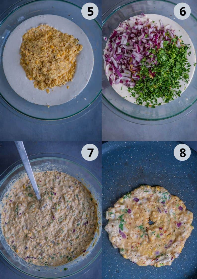 4 image collage showing the steps to make the batter for Kara Adai