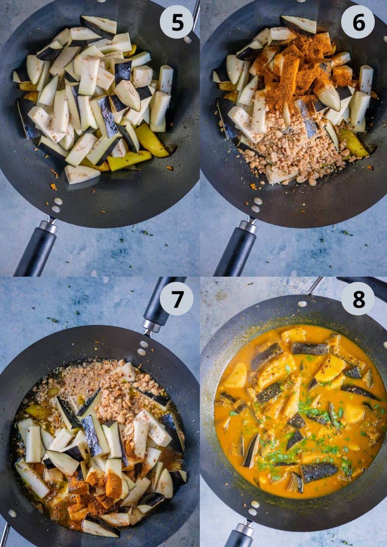 4 image collage showing the process of making Aloo Baingan in a pan