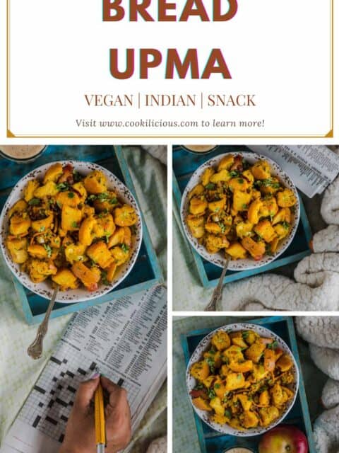 3 image collage of Bread Upma with text at the top