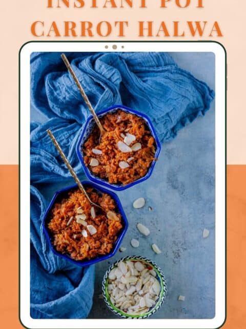 2 bowls of Instant Pot Vegan Carrot Halwa with a bowl of sliced almonds on the side and text at the top and bottom