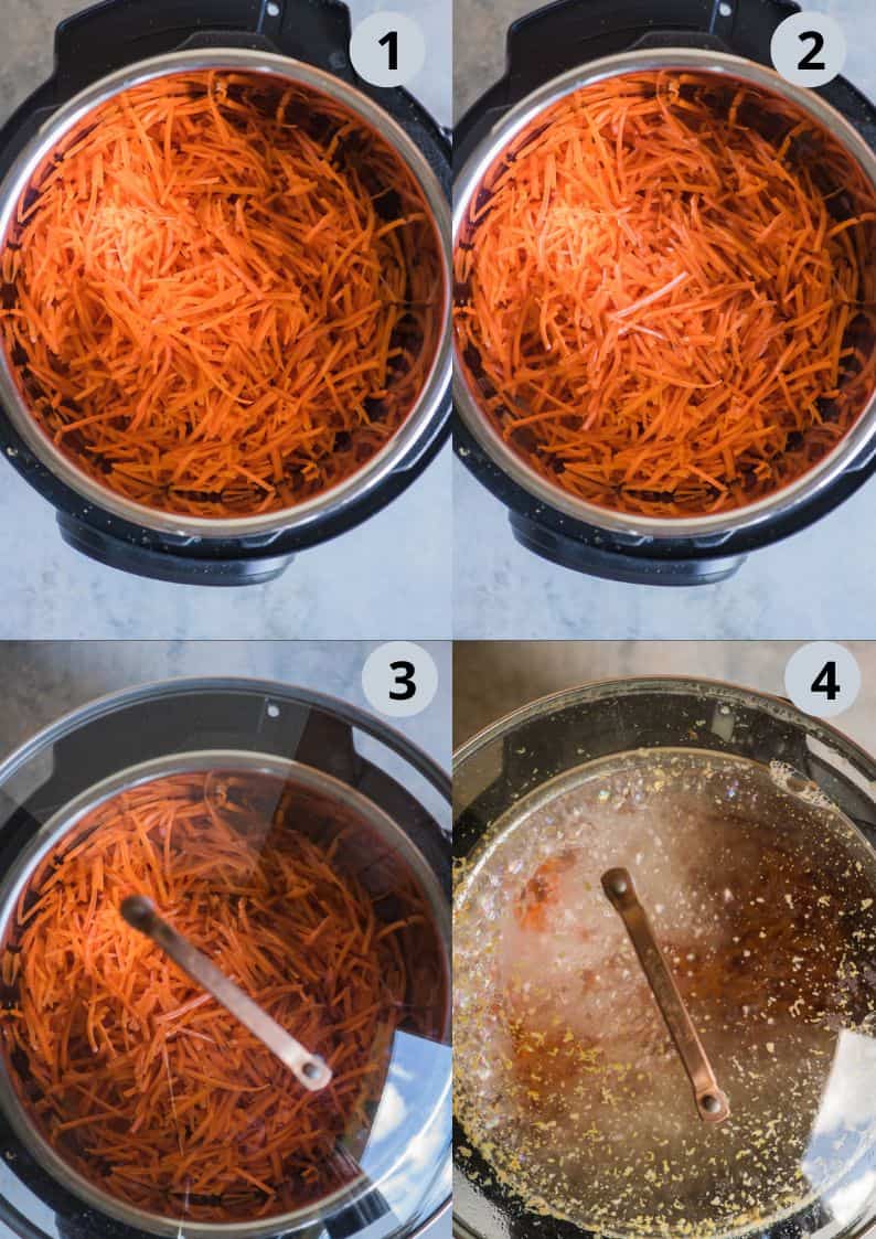 4 image collage showing how to make Instant Pot Vegan Carrot Halwa