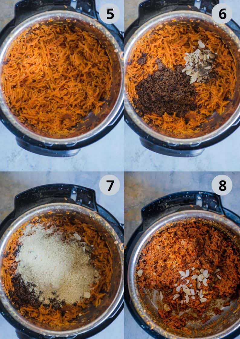 4 image collage showing the steps to make carrot halwa in the Instant pot
