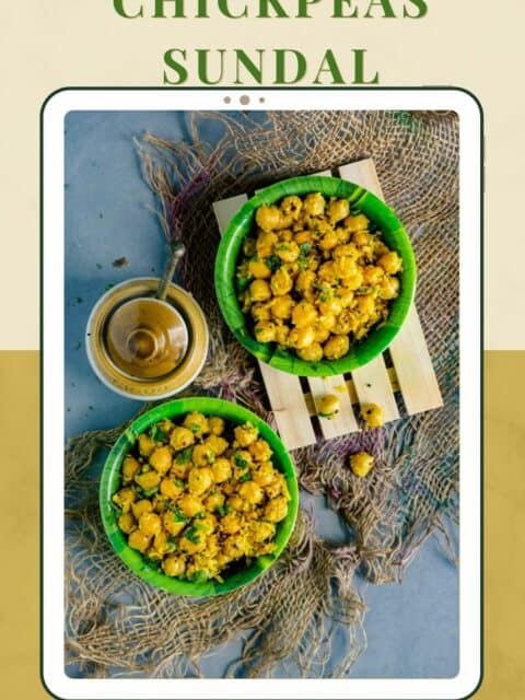 2 bowls of chickpea sundal and text at the top and bottom